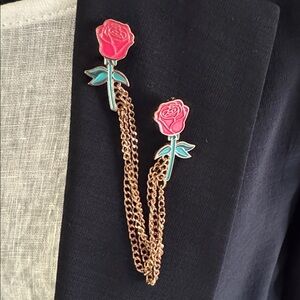 Rose Enamel Sweater Clips - Pink & Green Floral Chain
